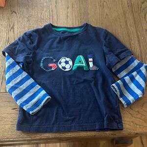 Boden 2T 3T long sleeve Navy Blue 'Goal' Shirt with Striped Sleeves
